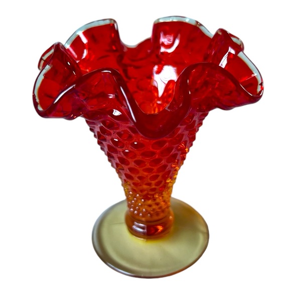 Vintage 4” Amberina Hobnail Vase Clear Trim - Picture 3 of 9